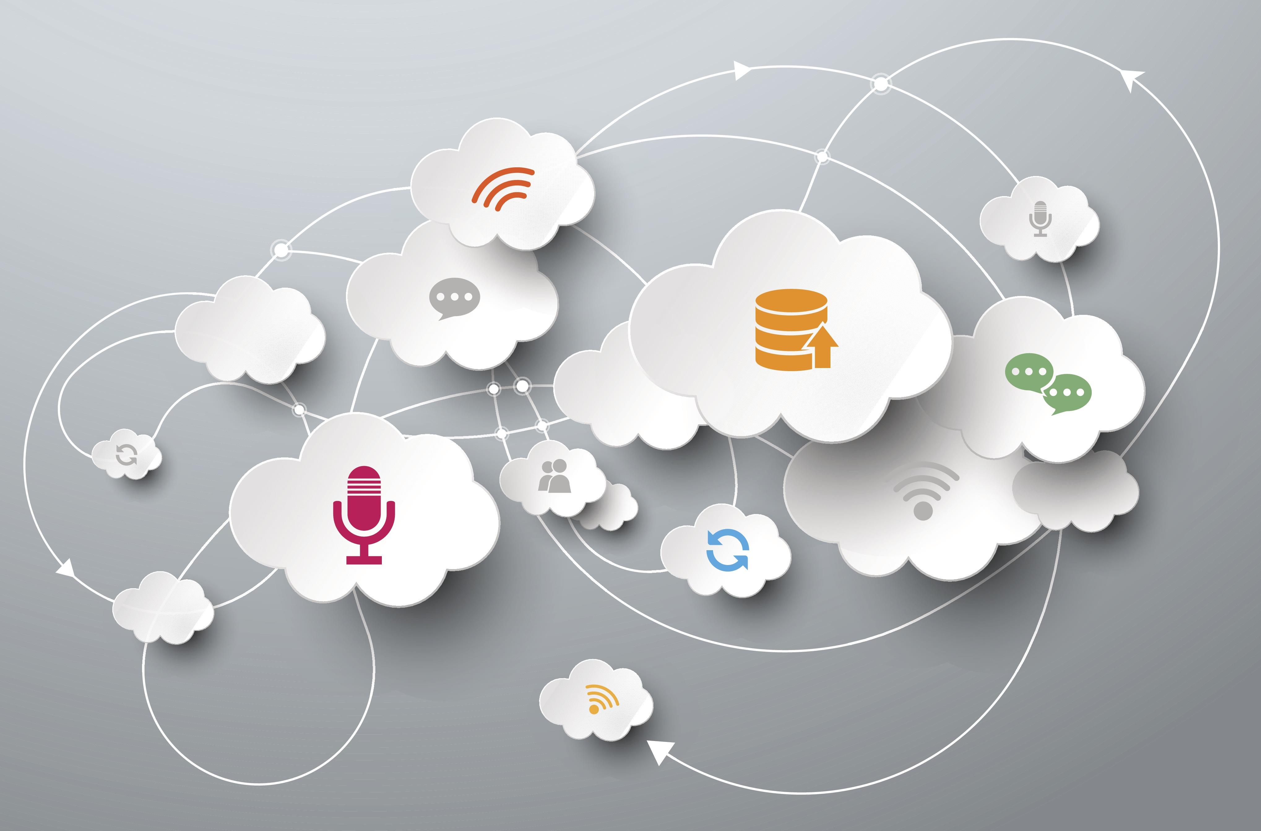 Illustration of clouds with icons representing financial topics