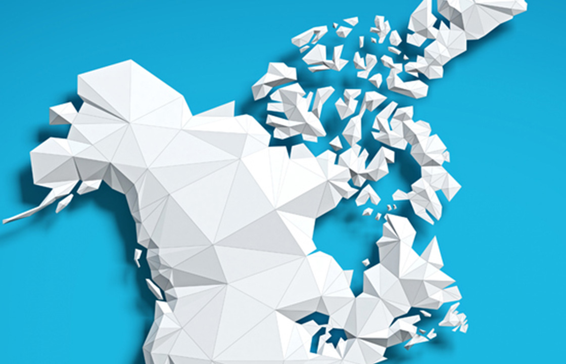 Three dimensional image of Canada on a blue background